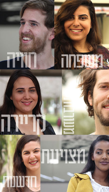 תמונת אילוסטרציה: פסיפס של פרצופים עם מילות ערכים משחפה, חוויה, משמעות,קריירה ועוד