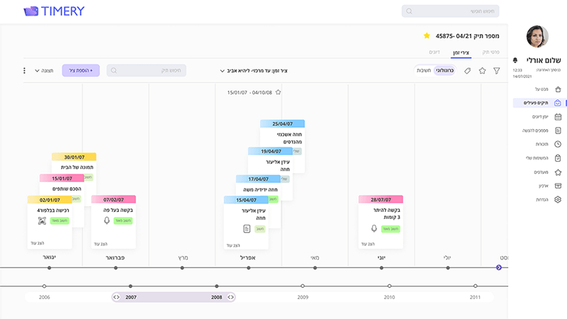 בתמונה צילום מסך של ציר זמן של מערכת timery. במסך ניתן לראות אירועים שונים על ציר זמן שנתי של תיק משפטי לדוגמה. ניתן במערכת להוסיף אירועים חדשים, צירי זמן משניים ולעבור כל פרטי התיק. 