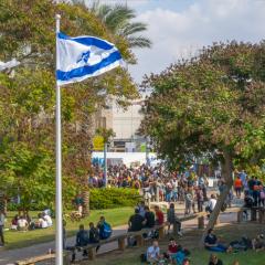 דגלים מתנופפים על רקע המכללה