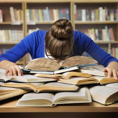 אילוסטרציה: צעירה מניחה ראש בייאוש על ערימת ספרים בספרייה