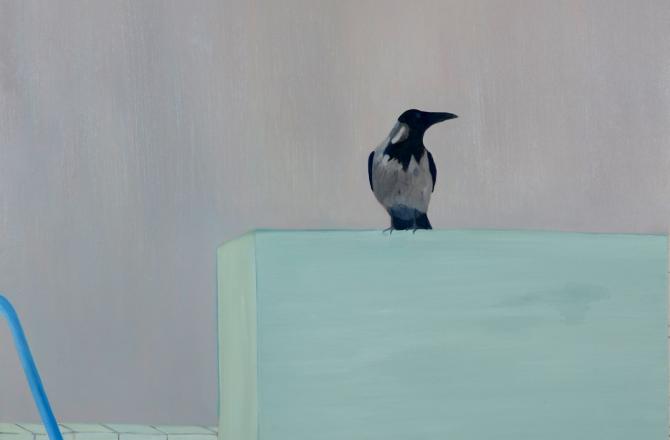 ציור של עורב עומד על קוביה