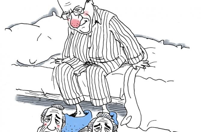 הנשיא ריבלין כליצן עצוב יושב על מיטה עם נעלי בית עם ראש של פרס וברקע תמונה של בגין