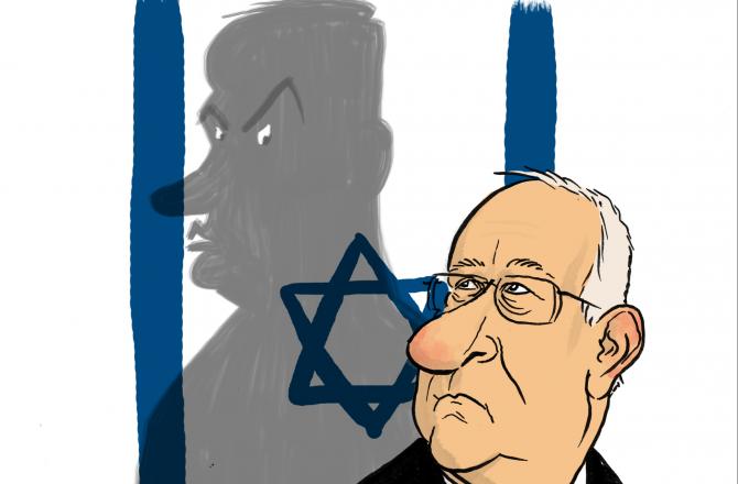 קריקטורה של רובי ריבלין עם צל של בנימין נתניהו על רקע דגל ישראל