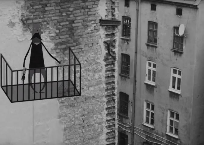 ציור של איש במרפסת על רקע צילום בשחור לבן. מתוך מקבץ אנימציה בהשראת ברונו שולץ - לחצו לפתיחת הסרטון בחלונית