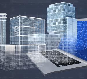 אילוסטרציה: מחשב נייד ומודלים תלת מימדיים של מבנים אדריכליים