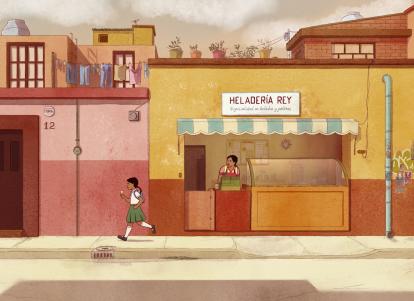 אנימציה של ילדה הולכת ברחוב