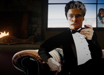 גבר בחליפה יושב על ספה כשמאחוריו בחלון אישה בורחת